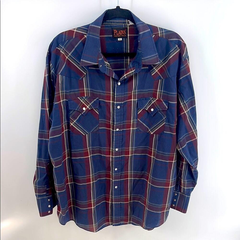 Vintage Plains Western Wear plaid pearl snap rodeo cowboy shirt sz XL